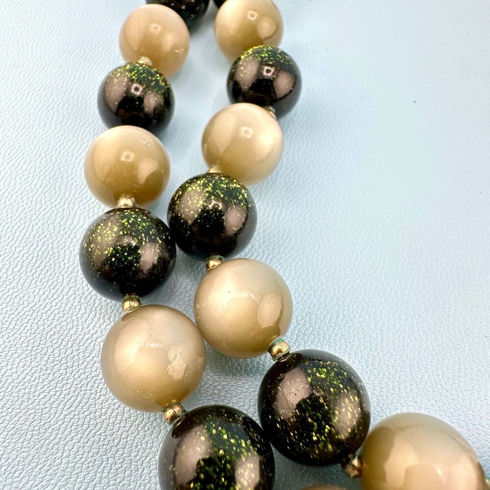 Vintage Trifari Moonglow Bead Necklace 2 Strand Green Glitter Light Topaz Color